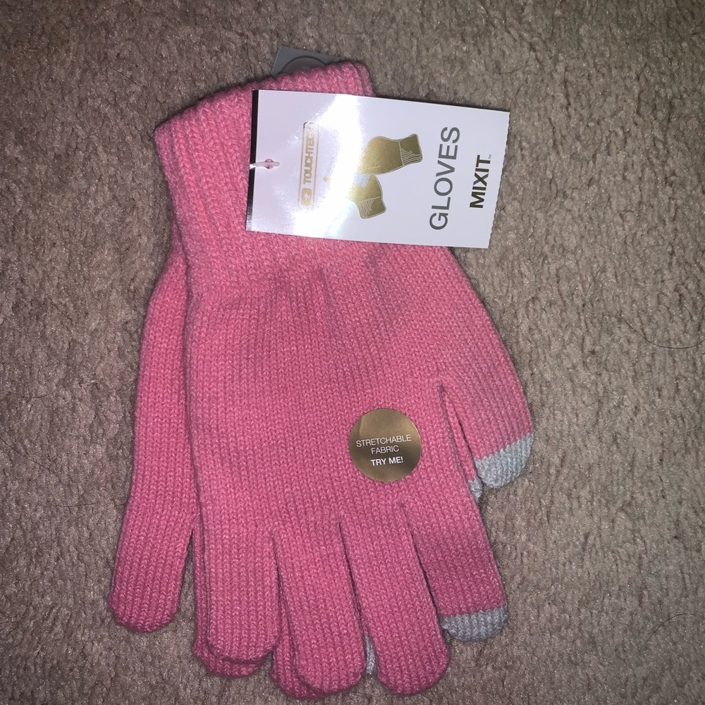 Pink Knit Gloves with Gray Tips